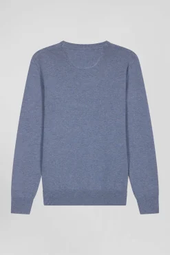 Regular light blue wool and cotton crew neck jumper