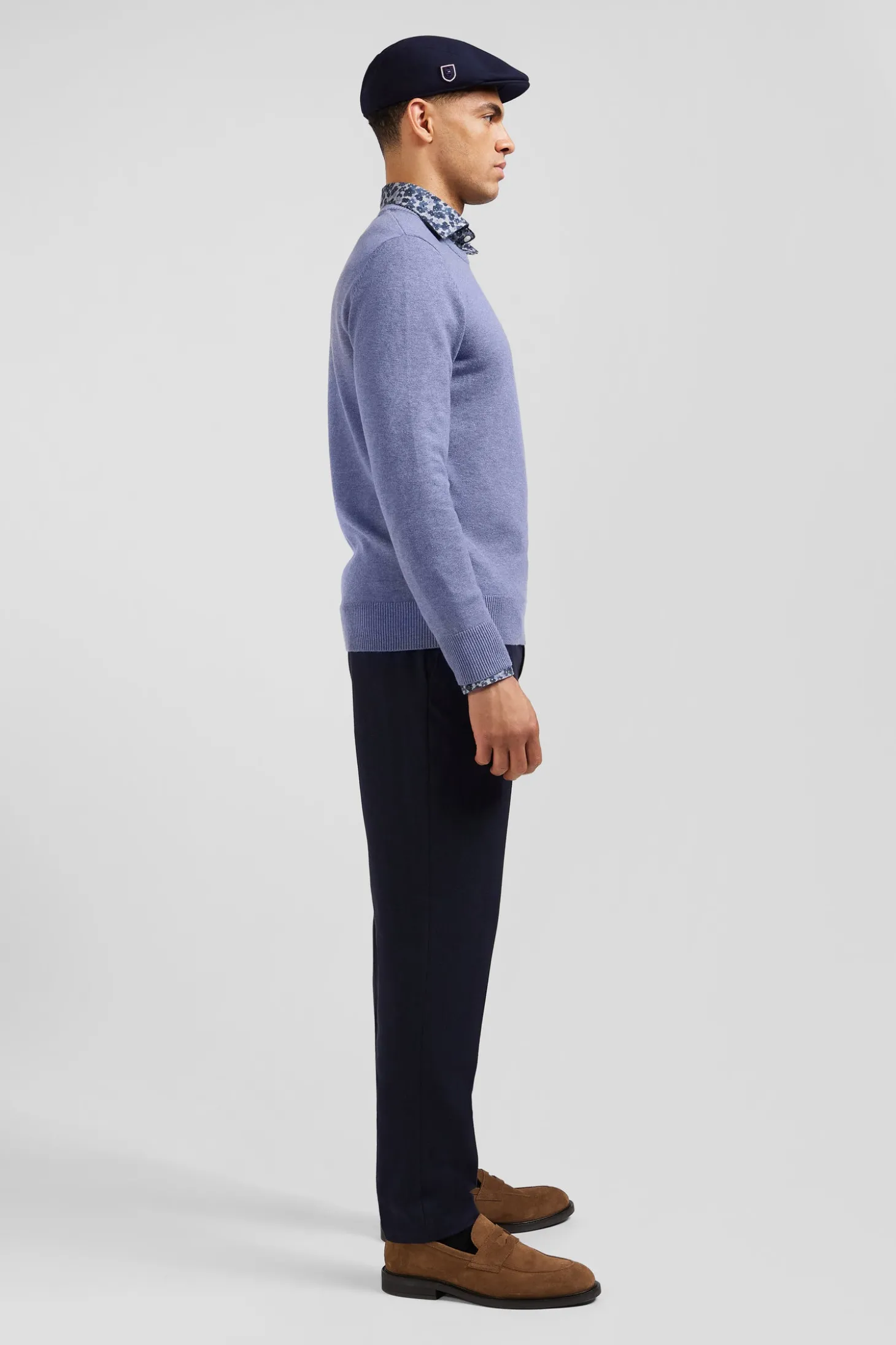 Regular light blue wool and cotton crew neck jumper