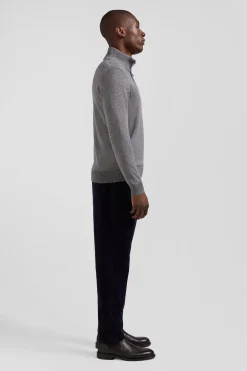 Regular light grey semi-zipped wool and cotton jumper