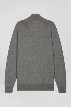 Regular light grey semi-zipped wool and cotton jumper