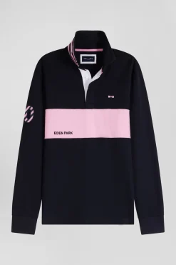 Regular long-sleeved cotton rugby shirt with navy and pink stripes