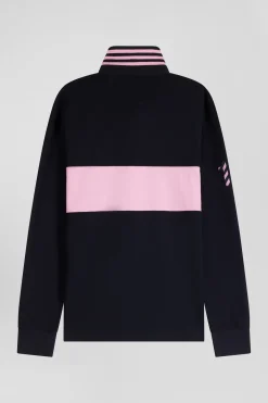 Regular long-sleeved cotton rugby shirt with navy and pink stripes