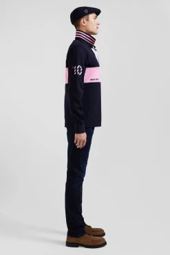 Regular long-sleeved cotton rugby shirt with navy and pink stripes