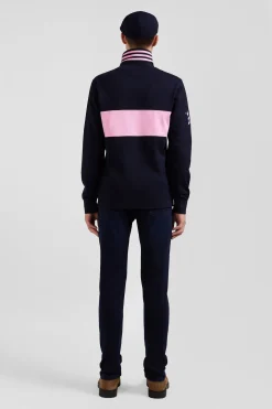 Regular long-sleeved cotton rugby shirt with navy and pink stripes
