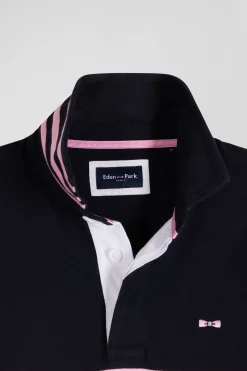 Regular long-sleeved cotton rugby shirt with navy and pink stripes