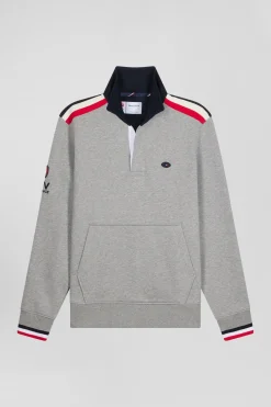 Regular mottled grey XV de France cotton sweatshirt with rugby shirt collar