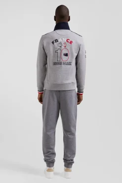 Regular mottled grey XV de France cotton sweatshirt with rugby shirt collar