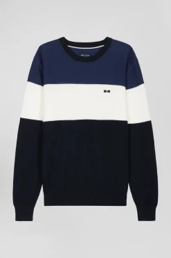 Regular navy and blue cotton crew neck jumper with knit patterns