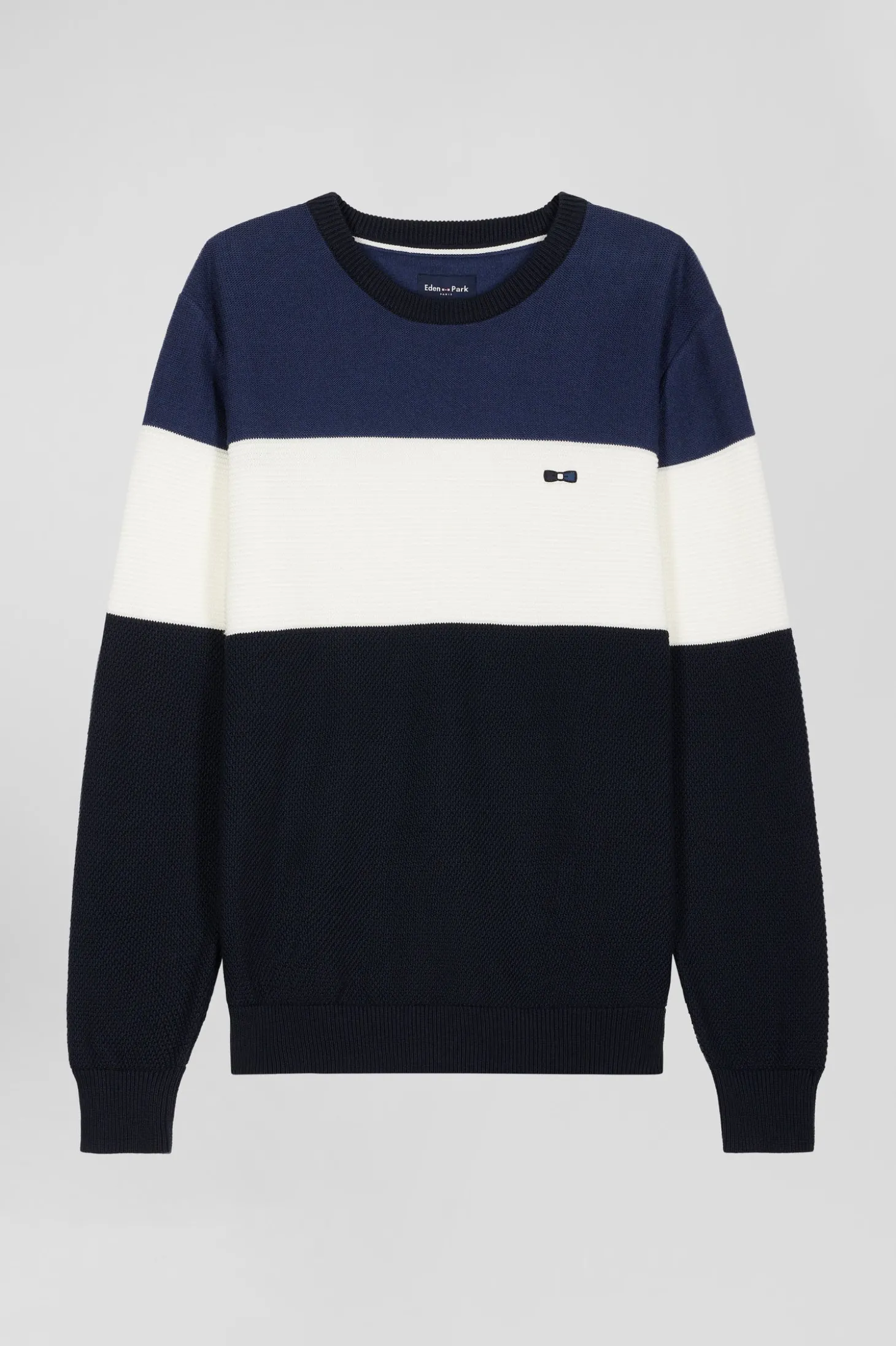 Regular navy and blue cotton crew neck jumper with knit patterns