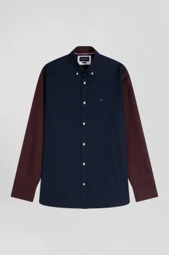 Regular navy and brown bicolour oxford cotton shirt