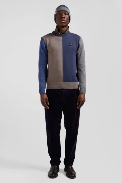 Regular navy and brown colourblock cotton crew neck jumper
