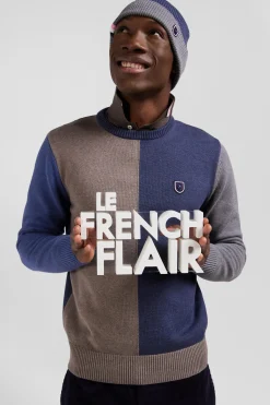 Regular navy and brown colourblock cotton crew neck jumper