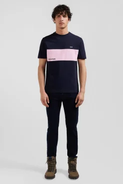 Regular navy and pink bicolor short-sleeved cotton T-shirt