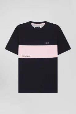 Regular navy and pink bicolor short-sleeved cotton T-shirt