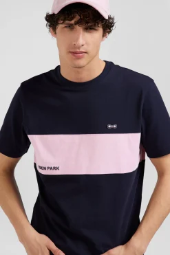 Regular navy and pink bicolor short-sleeved cotton T-shirt