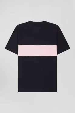 Regular navy and pink bicolor short-sleeved cotton T-shirt