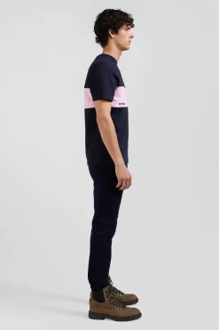 Regular navy and pink bicolor short-sleeved cotton T-shirt