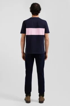 Regular navy and pink bicolor short-sleeved cotton T-shirt