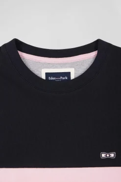Regular navy and pink bicolor short-sleeved cotton T-shirt