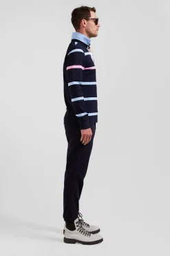 Regular navy and sky blue striped long-sleeved cotton rugby shirt with back embroidery