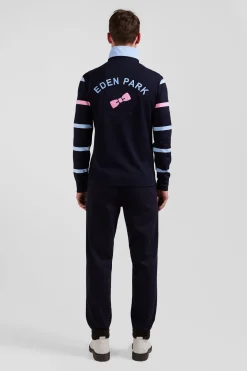 Regular navy and sky blue striped long-sleeved cotton rugby shirt with back embroidery