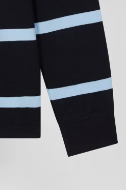 Regular navy and sky blue striped long-sleeved cotton rugby shirt with back embroidery