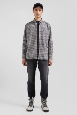 Regular navy and white checked cotton poplin shirt