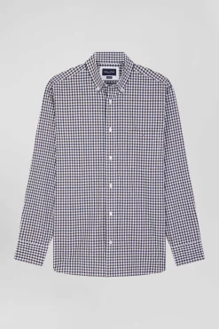Regular navy and white checked cotton poplin shirt