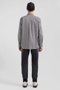 Regular navy and white checked cotton poplin shirt