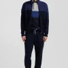 Regular navy blue and blue cotton high collar zipped cardigan