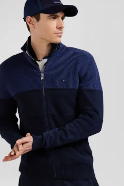 Regular navy blue and blue cotton high collar zipped cardigan