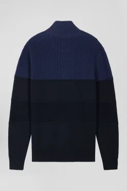 Regular navy blue and blue cotton high collar zipped cardigan