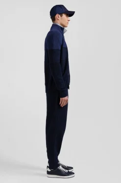 Regular navy blue and blue cotton high collar zipped cardigan
