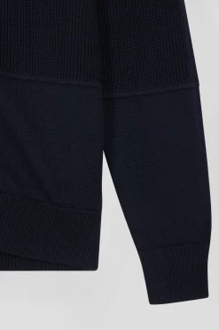 Regular navy blue and blue cotton high collar zipped cardigan