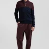 Regular navy blue and burgundy cotton high collar zipped cardigan