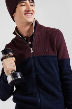 Regular navy blue and burgundy cotton high collar zipped cardigan
