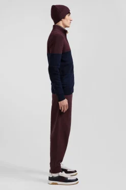 Regular navy blue and burgundy cotton high collar zipped cardigan