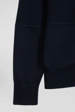 Regular navy blue and burgundy cotton high collar zipped cardigan