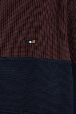 Regular navy blue and burgundy cotton high collar zipped cardigan