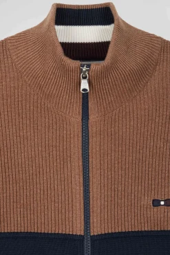 Regular navy blue and camel cotton high collar zipped cardigan