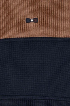 Regular navy blue and camel cotton high collar zipped cardigan