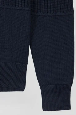 Regular navy blue and camel cotton high collar zipped cardigan
