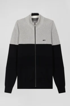 Regular navy blue and grey cotton high collar zipped cardigan