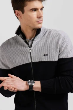 Regular navy blue and grey cotton high collar zipped cardigan