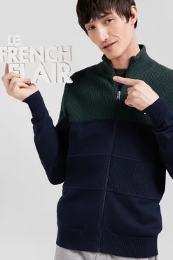 Regular navy blue and green cotton high collar zipped cardigan