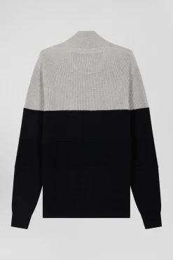 Regular navy blue and grey cotton high collar zipped cardigan