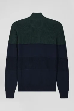 Regular navy blue and green cotton high collar zipped cardigan