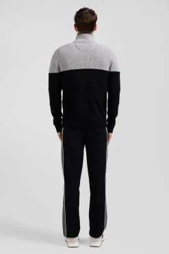 Regular navy blue and grey cotton high collar zipped cardigan