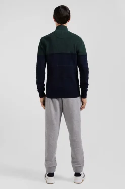 Regular navy blue and green cotton high collar zipped cardigan