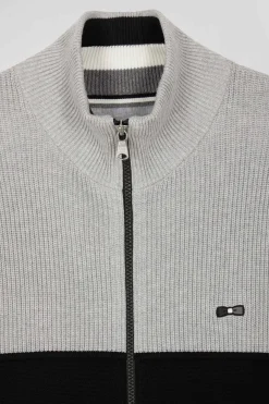 Regular navy blue and grey cotton high collar zipped cardigan